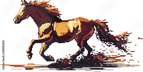Pixelated pixelated horse icon pixel art on white isolated background, vector design.