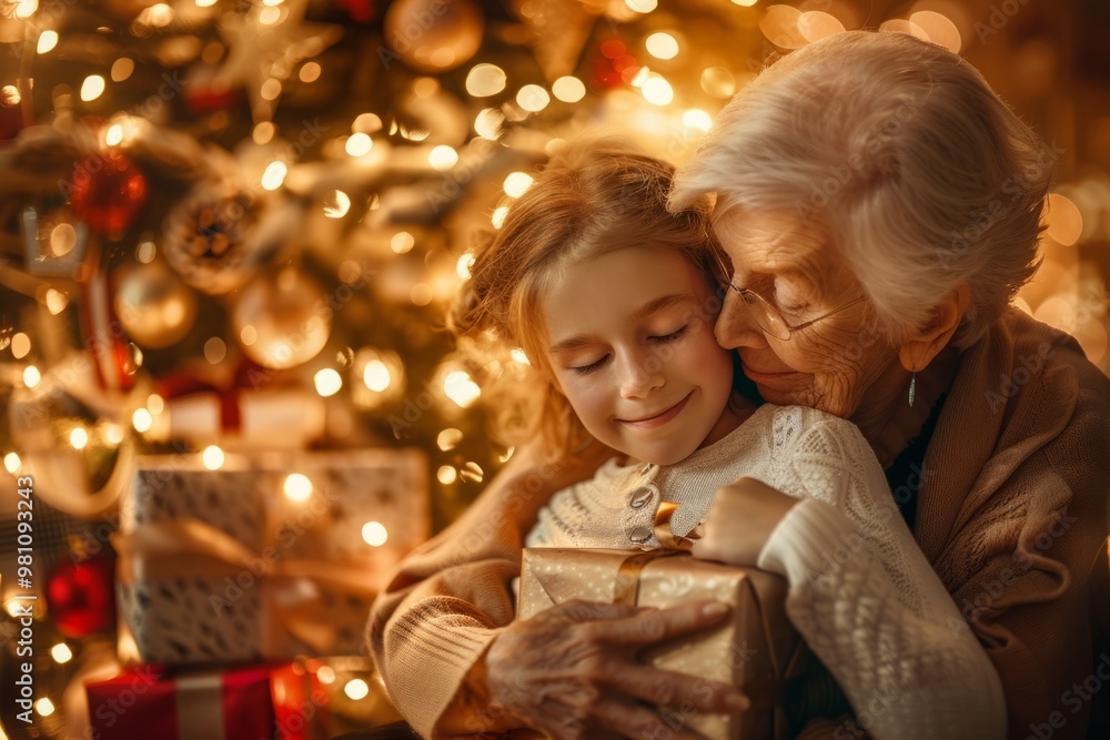 A warm and cozy living room features a grandmother and granddaughter hugging near a beautifully decorated Christmas tree, radiating love and holiday cheer A warm and cozy living room features a grandmother and granddaughter hugging near a beautifully decorated Christmas tree, radiating love and holiday cheer