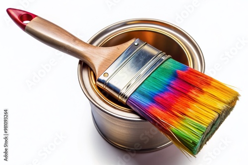 Colorful paintbrush lies flat on open paint can, bristles splayed, against a transparent background, awaiting creative touch, with vibrant colors and precise details. photo