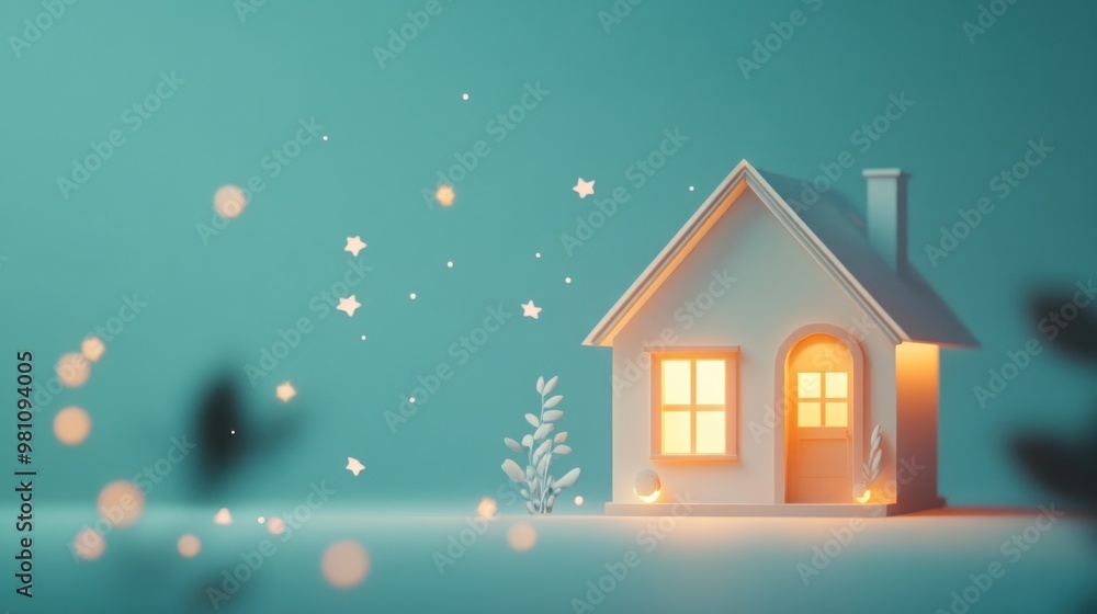A whimsical house illustration with glowing windows and floating stars, evoking a cozy atmosphere. A whimsical house illustration with glowing windows and floating stars, evoking a cozy atmosphere.