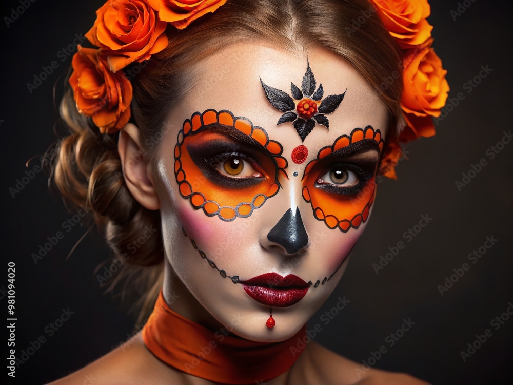 Εκτύπωση καμβά Vibrant orange and black Halloween-inspired makeup adorns a model's face, featur