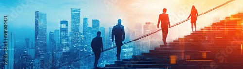 Silhouetted figures ascending stairs against a vivid cityscape, symbolizing ambition, growth, and professional success.