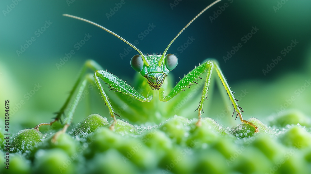 Close-up macro photograph of a green grasshopper Close-up macro photograph of a green grasshopper