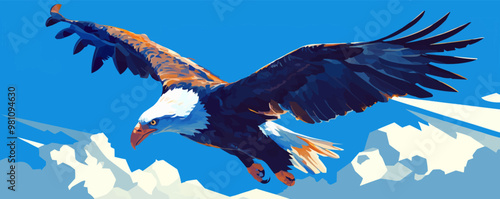 Illustrate a majestic eagle soaring in the sky, with outstretched wings and keen eyesight, embodying freedom and strength. Vector flat minimalistic isolated illustration