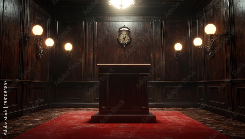 Large Empty Room with Old Wooden Podium and Red Carpet, AI generated illustration Large Empty Room with Old Wooden Podium and Red Carpet, AI generated illustration