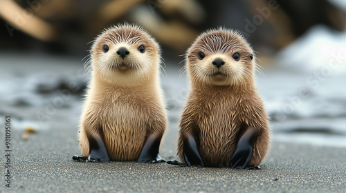 Cute baby otters standing on the beach