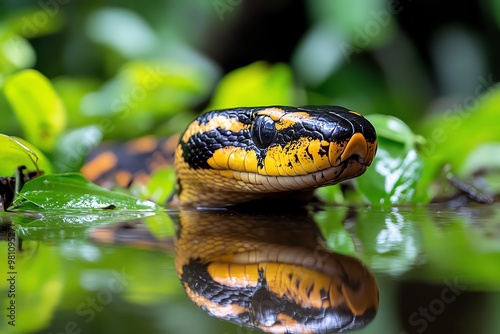 Amazon Forest anacondas slithering through the underbrush, hidden from sight photo