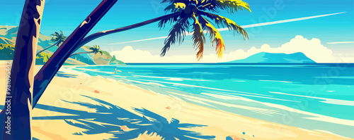 Coconut palm tree silhouette on beach background, Vector flat minimalistic isolated illustration