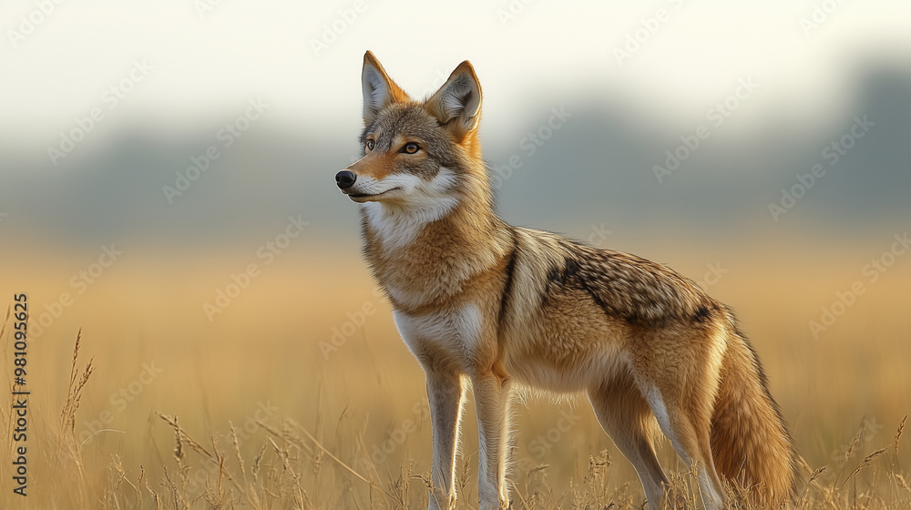A golden jackal stands in the vast grasslands of a seamless background A golden jackal stands in the vast grasslands of a seamless background