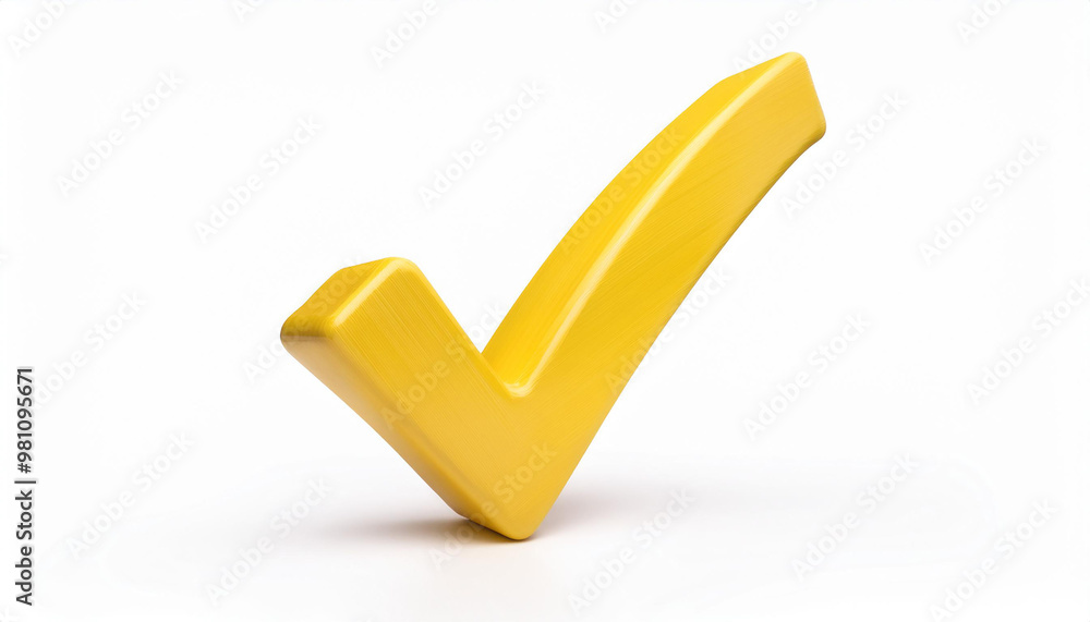 Yellow check mark icon. Symbol of approval. 3D rendering, modern illustration. Light backdrop. Yellow check mark icon. Symbol of approval. 3D rendering, modern illustration. Light backdrop.