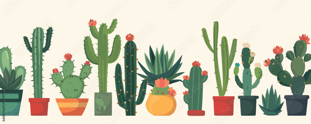 Φωτογραφία A row of potted cacti and succulents with a variety of colors and sizes