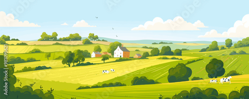 A peaceful countryside scene with a few cows grazing in the field. The sky is clear and blue, and there are a few birds flying around