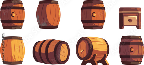 Collection of retro-style icons depicting various wooden barrels, each with unique markings and sizes, vintage vector illustration , Vector flat minimalistic isolated illustration