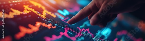 A close-up view of a finger analyzing colorful financial graphs on a digital screen, showcasing data trends and analysis.