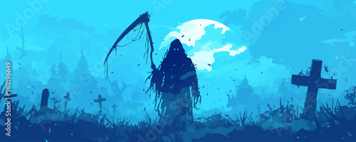 Create a haunting illustration of a ghostly figure with a scythe standing in a misty graveyard, evoking a sense of eerie mystery. Vector flat minimalistic isolated illustration