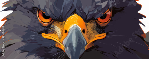 Create a detailed illustration of an eagle's head and beak, focusing on its sharp features and intense gaze, symbolizing power and vigilance. Vector flat minimalistic isolated illustration