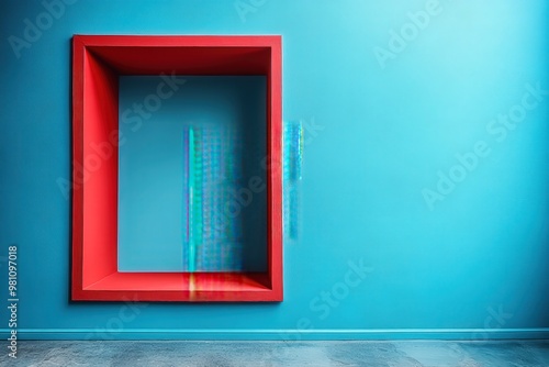 Red Frame  Blue Canvas  A vibrant red frame pierces a serene blue wall  offering a glimpse of textured possibility in this minimalist interior.  
