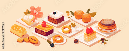 Display of freshly baked pastries and cakes, Vector flat minimalistic isolated illustration