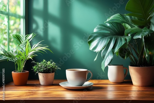 Morning Coffee with Greenery:  A cup of coffee sits on a wooden table, surrounded by lush indoor plants, bathed in soft, natural light streaming through a window. The scene evokes a sense of tranquili photo