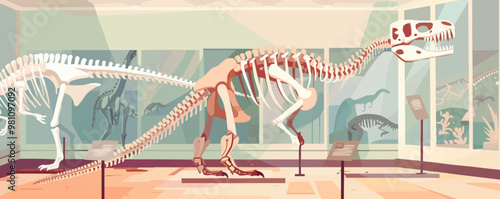 Dinosaur skeletons in a museum exhibit, Vector flat minimalistic isolated illustratio