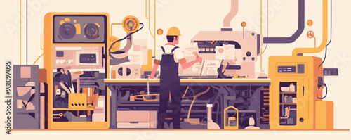 Create an illustration of an engineer inspecting machinery in a factory, highlighting technical expertise and industrial settings. Vector flat minimalistic isolated illustration.