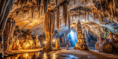 Majestic view of cave interior with stalactites hanging from ceiling and soft lighting filtering through photo