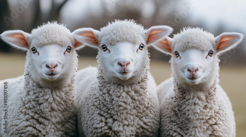 Three cute white sheep looking at the camera