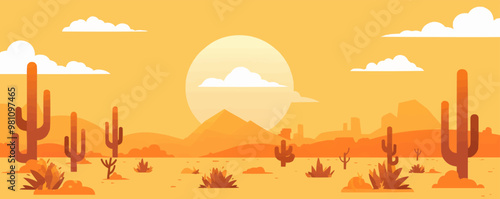 Desert landscape with a distant mirage and sparse vegetation, Vector flat minimalistic isolated illustration