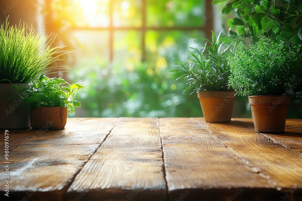 Rustic Windowsill: A warm, inviting scene featuring a rustic wooden table with potted plants, bathed in the soft glow of sunlight streaming through a window, perfect for showcasing your products or cr Rustic Windowsill: A warm, inviting scene featuring a rustic wooden table with potted plants, bathed in the soft glow of sunlight streaming through a window, perfect for showcasing your products or cr