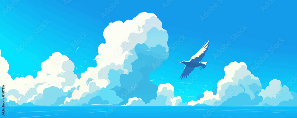 Εκτύπωση καμβά Design an illustration of a bird flying freely in a clear blue sky with fluffy white clouds