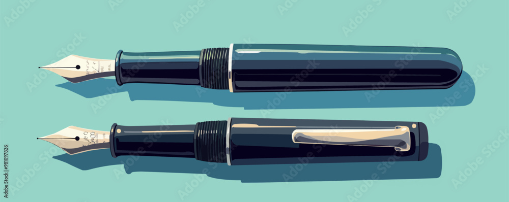 Design an elegant fountain pen with a sleek silver body and a nib delicately poised. Vector flat minimalistic isolated illustration. Design an elegant fountain pen with a sleek silver body and a nib delicately poised. Vector flat minimalistic isolated illustration.