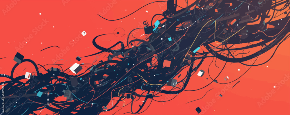 Design an abstract illustration of tangled wires and cords, symbolizing communication errors and technological glitches. Vector flat minimalistic isolated illustration. Design an abstract illustration of tangled wires and cords, symbolizing communication errors and technological glitches. Vector flat minimalistic isolated illustration.