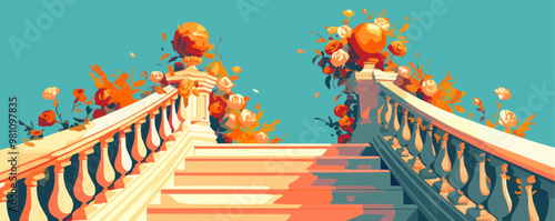 Design an elegant staircase with ornate railings and cascading flowers. Vector flat minimalistic isolated illustration.