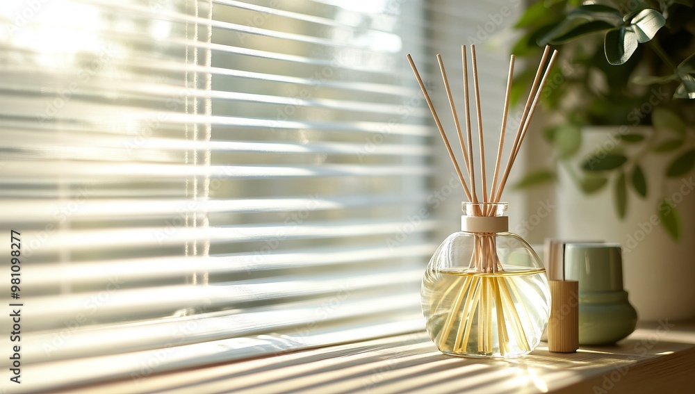 Reed Diffuser with Sticks and Incense on a Window Sill - AI generated illustration Reed Diffuser with Sticks and Incense on a Window Sill - AI generated illustration