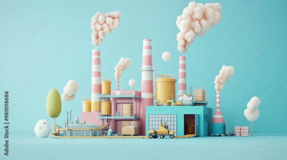 Naklejka premium A colorful, stylized factory scene with smokestacks and production elements.
