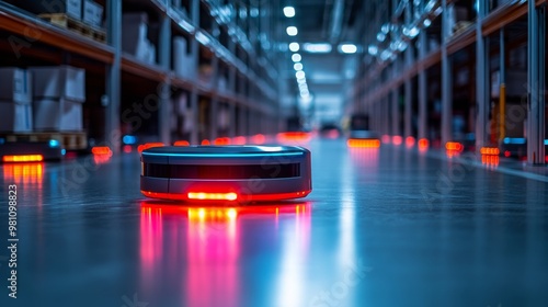 Autonomous mobile robots operating in a highly automated warehouse environment during nighttime photo