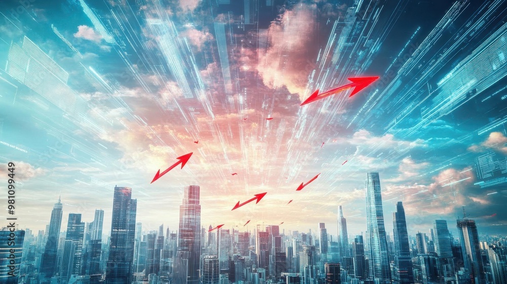 Futuristic AI economy crashing as red arrows plummet across a holographic sky Futuristic AI economy crashing as red arrows plummet across a holographic sky