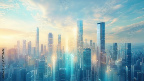 Futuristic cityscape with towering skyscrapers and glowing holographic arrows pointing downward