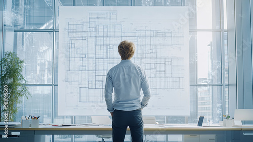 Architect reviewing building blueprints in a modern office.