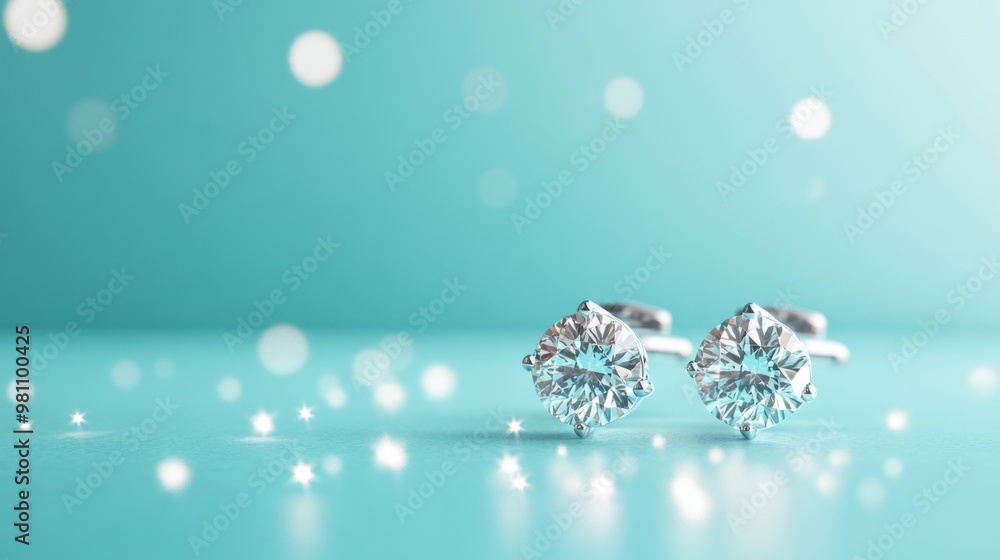 Elegant diamond earrings on a soft blue background with sparkling bokeh. Elegant diamond earrings on a soft blue background with sparkling bokeh.