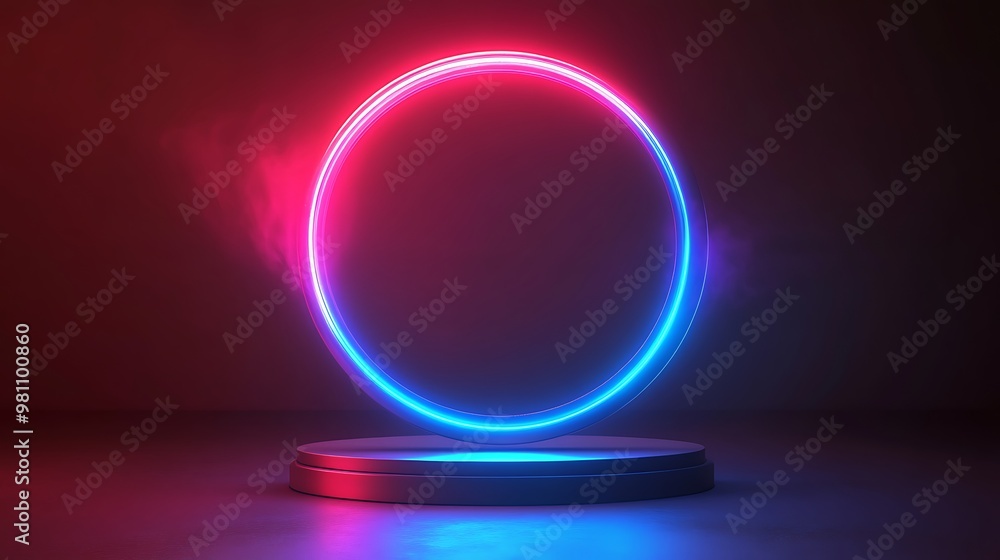 A glowing circular neon light display on a pedestal against a dark background, creating a futuristic ambiance. A glowing circular neon light display on a pedestal against a dark background, creating a futuristic ambiance.