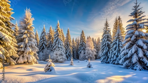 Snow-covered forest clearing in winter with untouched snow, trees, and a peaceful atmosphere