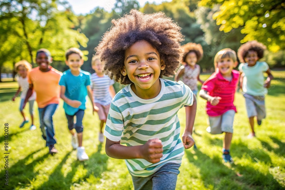 Children from different ethnic backgrounds like african and european running and playing together in a sunny outdoor park The image captures their joyful expressions and the vibrant greenery. Children from different ethnic backgrounds like african and european running and playing together in a sunny outdoor park The image captures their joyful expressions and the vibrant greenery.