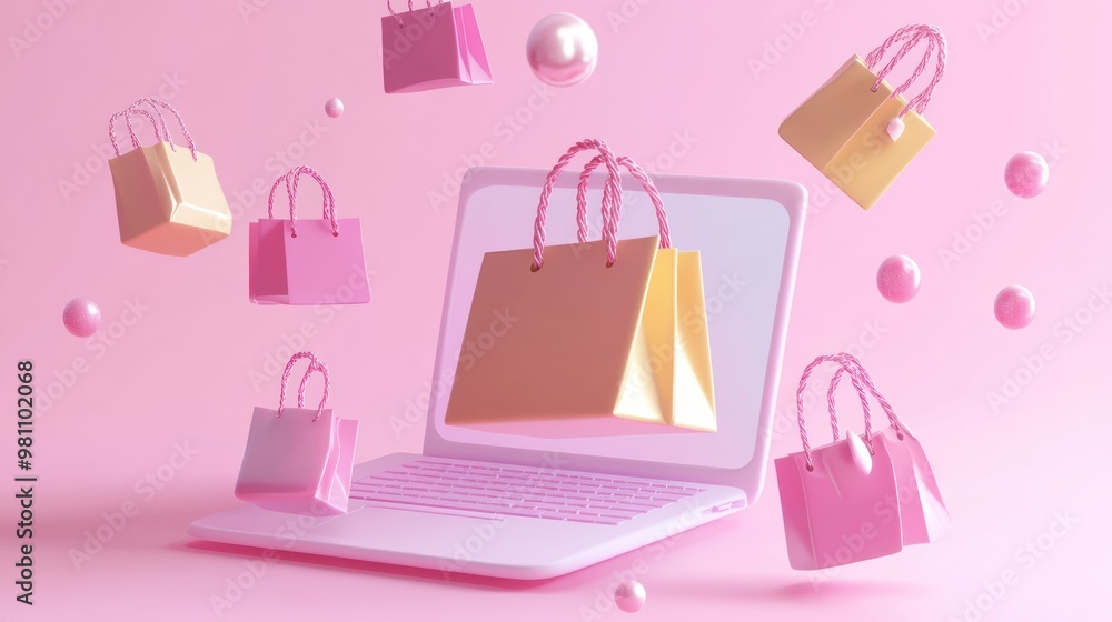 A laptop with shopping bags floating around, symbolizing online shopping. A laptop with shopping bags floating around, symbolizing online shopping.