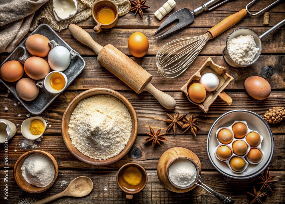 Assortment of baking utensils and ingredients arranged on a rustic wooden surface, featuring eggs, flour, sugar, pastry brushes, and mixing bowls for tart and cookie preparation. Assortment of baking utensils and ingredients arranged on a rustic wooden surface, featuring eggs, flour, sugar, pastry brushes, and mixing bowls for tart and cookie preparation.