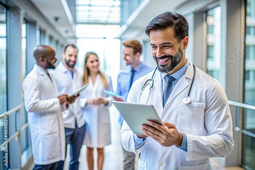 diverse group of healthcare professionals including male and female doctors standing in modern hospital hallway some with digital tablets in hand smiling and engaging in conversation