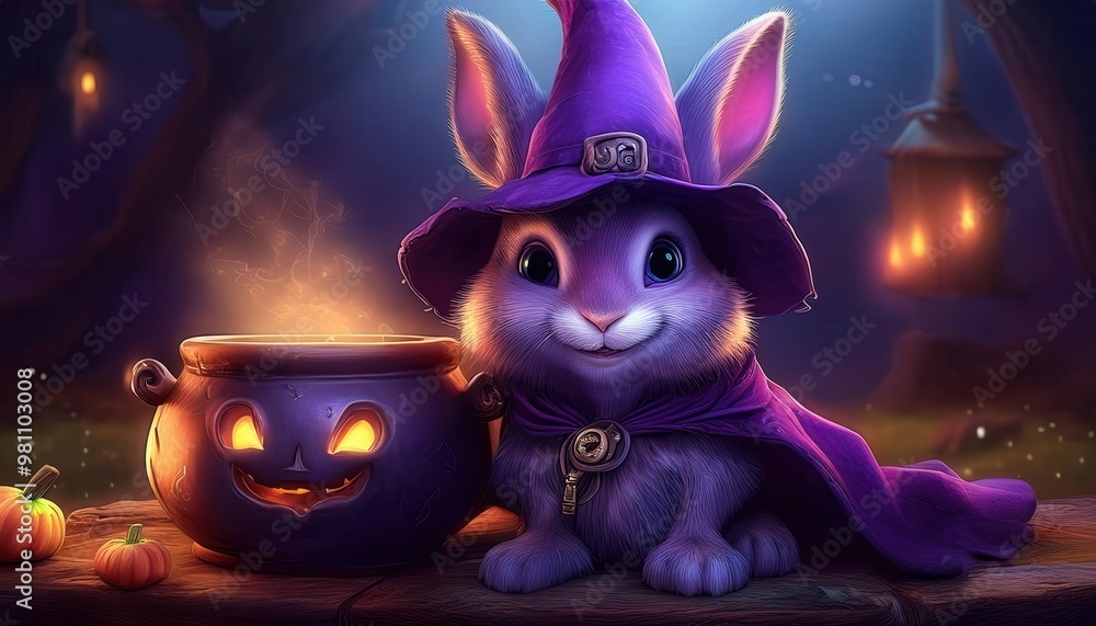 A cute purple-hatted bunny next to a glowing cauldron in a magical Halloween setting, perfect for enchanting seasonal designs. A cute purple-hatted bunny next to a glowing cauldron in a magical Halloween setting, perfect for enchanting seasonal designs.