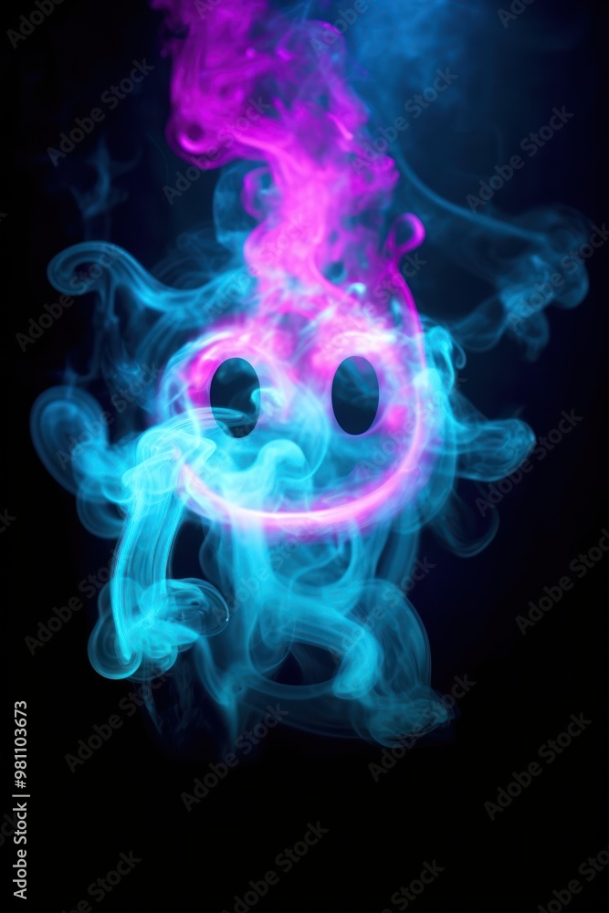 Fototapeta premium Neon smoke smiley face purple illuminated creativity.
