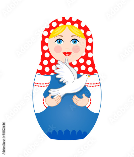 Russian nesting doll Matryoshka with a white dove in her hands. Isolated vector illustration