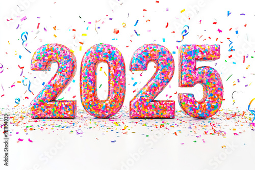 The year 2025 in big characters with confetti, streamers and party decorations on white background